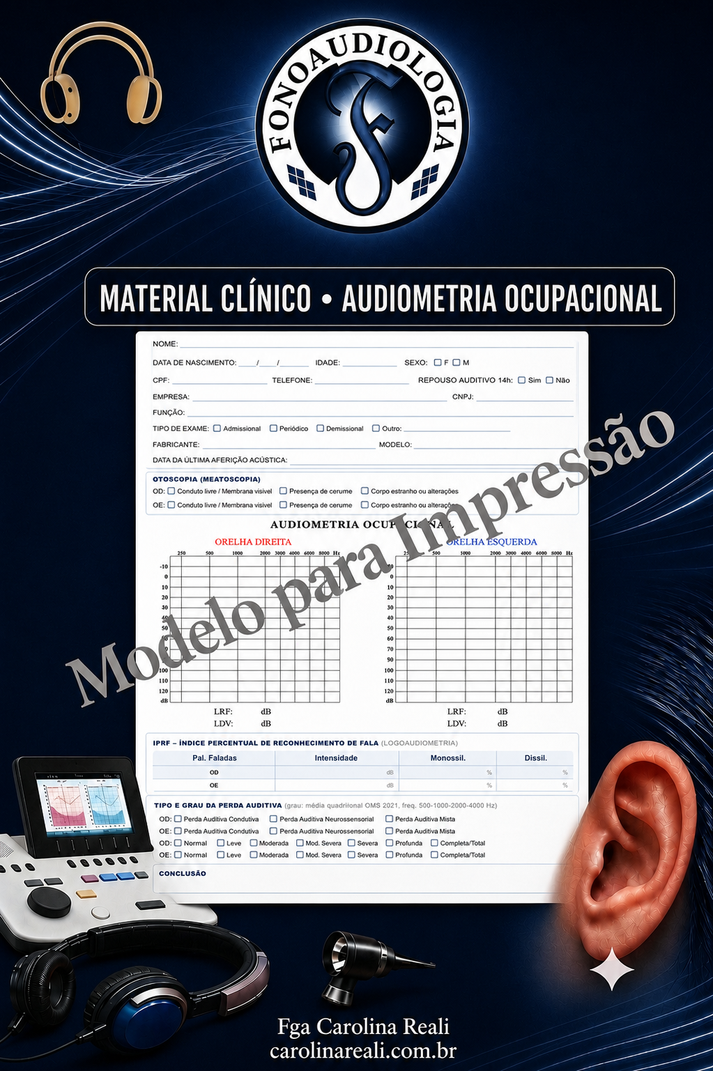 Ficha Modelo de Audiometria Ocupacional - ATL e Logoaudiometria para Impressão