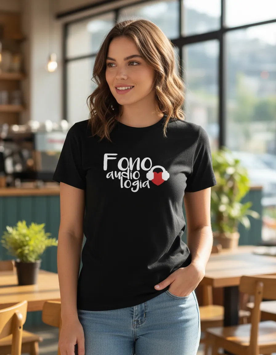 Baby Look Fonoaudiologia — Preta com Headset Coração
