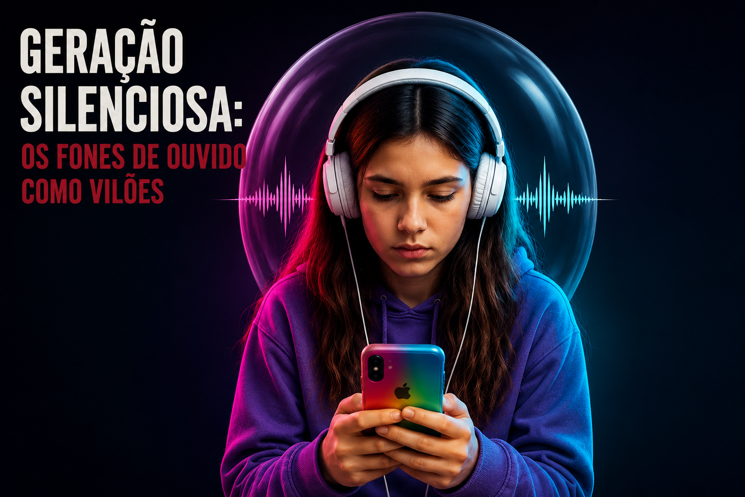 Geração silenciosa — os fones de ouvido como vilões: jovem de fones usando o celular