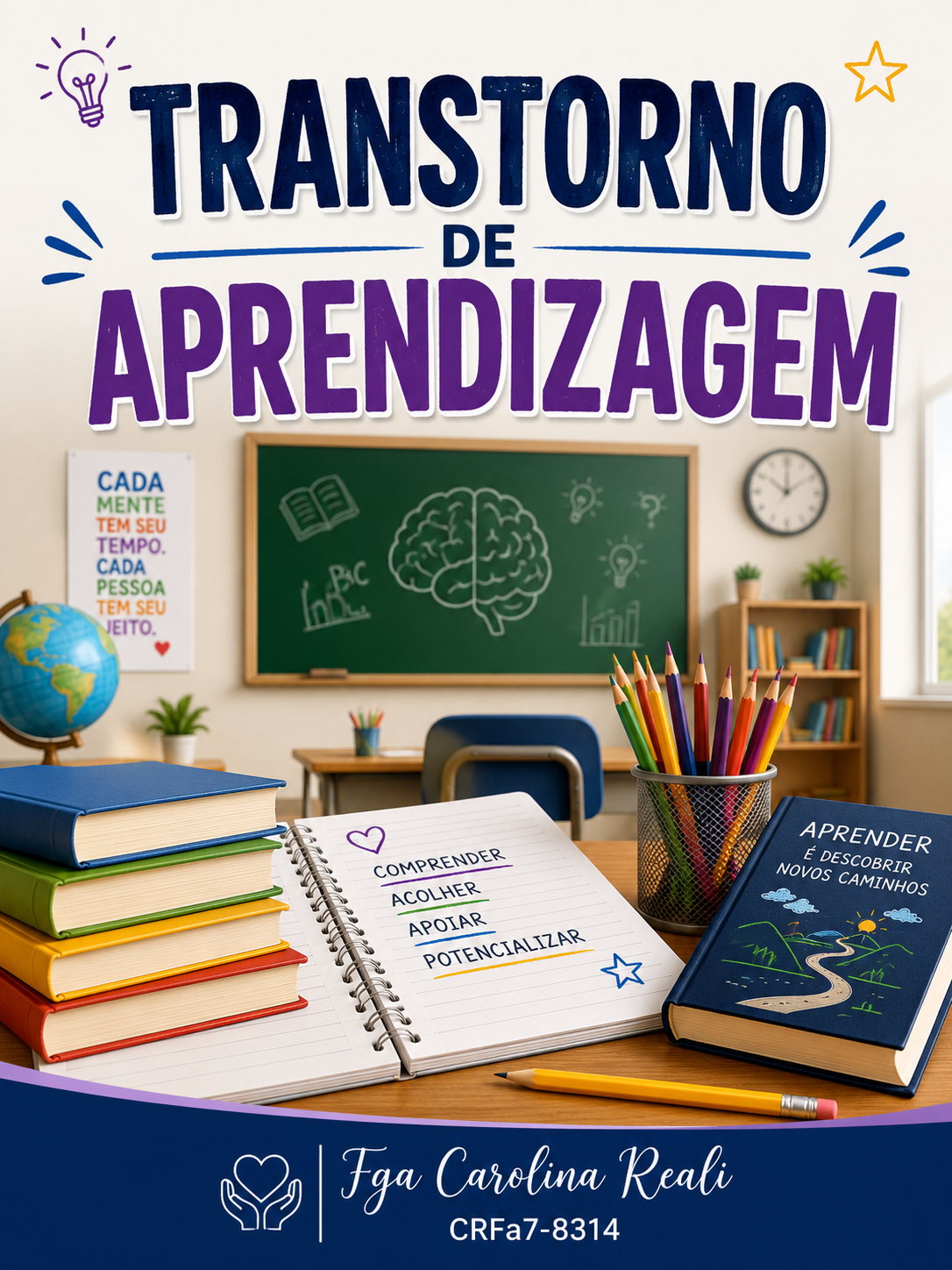 Transtorno de Aprendizagem — sala de aula com livros, cérebro e caderno